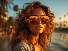 ai gegenereerd mooi vrouw in zonnebril Aan de achtergrond van de azuur strand generatief ai foto