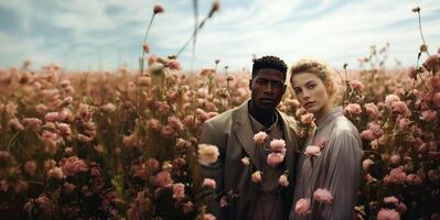 ai gegenereerd paar in liefde Aan bloem weide generatief ai foto