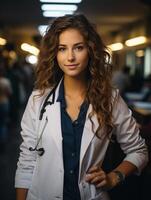 ai gegenereerd vrouw dokter in een jas met een stethoscoop generatief ai foto