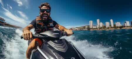 ai gegenereerd gelukkig Mens Aan een Jet ski generatief ai foto