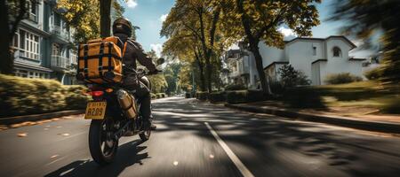 ai gegenereerd levering in de omgeving van de stad door motorfiets generatief ai foto