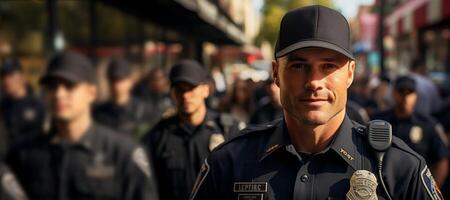 ai gegenereerd politieagent in uniform Aan een stad straat generatief ai foto