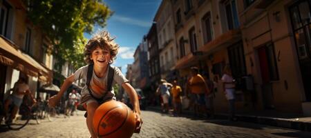 ai gegenereerd vrolijk kind spelen basketbal Aan de straat generatief ai foto