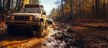 ai gegenereerd suv het rijden Aan een aarde weg generatief ai foto