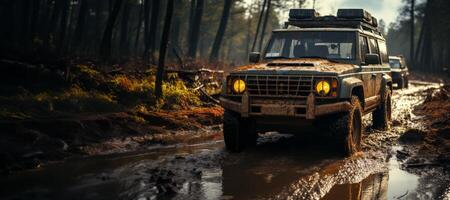 ai gegenereerd suv het rijden Aan een aarde weg generatief ai foto