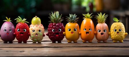 ai gegenereerd gelukkig gezond groenten fruts in een rij.cartoon groente generatief ai foto