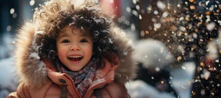 ai gegenereerd winter portret van een kind meisje Aan een wazig achtergrond generatief ai foto