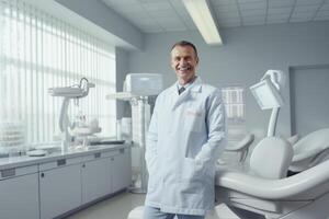 ai gegenereerd tandarts in een wit jas in een tandheelkundig kantoor generatief ai foto