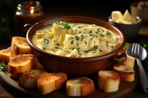 ai gegenereerd heerlijk kaas fondue Aan een klei bord generatief ai foto
