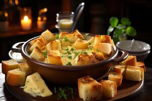 ai gegenereerd heerlijk kaas fondue Aan een klei bord generatief ai foto