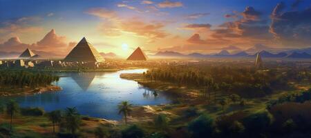 ai gegenereerd antiek piramides en rivier- tegen zonsondergang achtergrond generatief ai foto