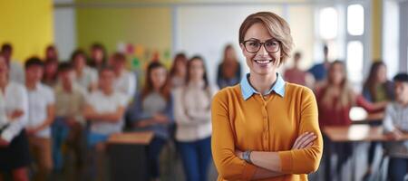 ai gegenereerd school- leraar Aan wazig klas achtergrond banier generatief ai foto