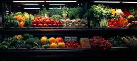 ai gegenereerd groente tellers in supermarkt banier generatief ai foto