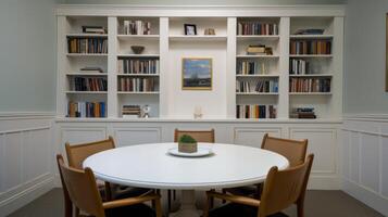 ai gegenereerd helder conferentie kamer met boekenplank generatief ai foto