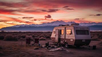 ai gegenereerd mobiel huis Bij zonsondergang generatief ai foto