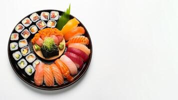 ai gegenereerd geassorteerd sushi Aan wit achtergrond generatief ai foto