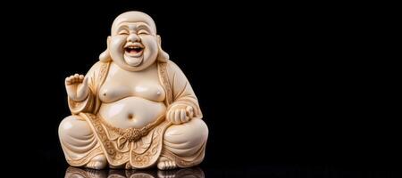 ai gegenereerd beeldje van een lachend Boeddha Aan een zwart achtergrond generatief ai foto
