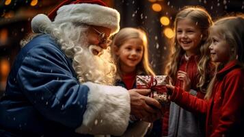 ai gegenereerd de kerstman claus geeft cadeaus naar kinderen Kerstmis nieuw jaar generatief ai foto