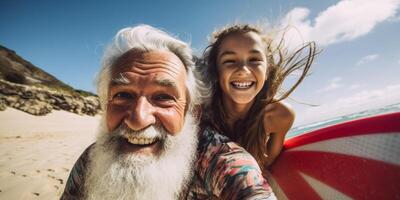 ai gegenereerd ouderen surfer Aan de strand generatief ai foto