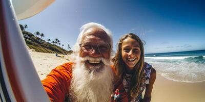 ai gegenereerd ouderen surfer Aan de strand generatief ai foto