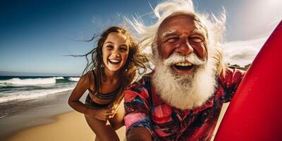 ai gegenereerd ouderen surfer Aan de strand generatief ai foto