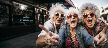 ai gegenereerd vrolijk ouderen Dames nemen selfie generatief ai foto