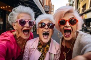 ai gegenereerd vrolijk ouderen Dames nemen selfie generatief ai foto