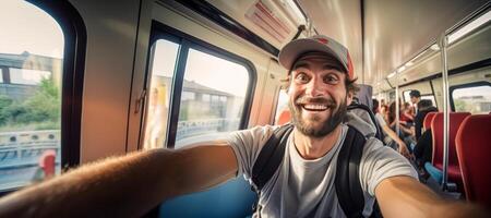 ai gegenereerd mannetje toerist nemen selfie Aan trein generatief ai foto