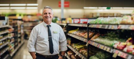 ai gegenereerd brunch manager van een supermarkt tegen de achtergrond van een teller met producten generatief ai foto