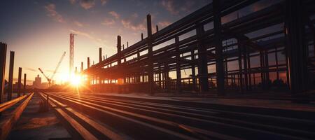 ai gegenereerd bouw plaats structureel staal straal Bij zonsondergang generatief ai foto