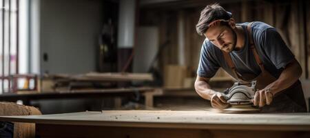 ai gegenereerd timmerman werken met hout in de werkplaats generatief ai foto