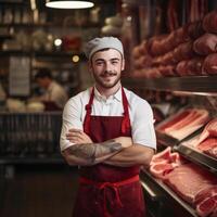 ai gegenereerd portret van een mannetje slager met vlees in de achtergrond generatief ai foto