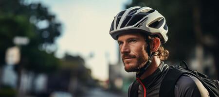 ai gegenereerd portret van een fietser in een helm detailopname generatief ai foto