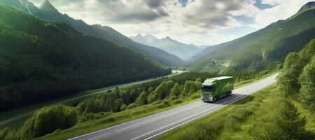 ai gegenereerd groen vrachtauto het rijden langs de weg tegen de backdrop van bergen groen energie generatief ai foto