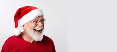 ai gegenereerd ouderen Mens met de kerstman claus hoed Aan wit achtergrond generatief ai foto