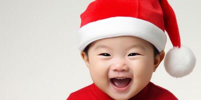 ai gegenereerd Aziatisch kind vervelend de kerstman claus hoed Aan wit achtergrond generatief ai foto