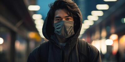 ai gegenereerd Mens vervelend een masker Aan een stad straat met vervuild lucht generatief ai foto
