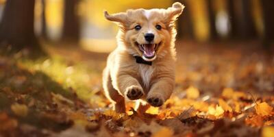 ai gegenereerd puppy loopt door de herfst park generatief ai foto