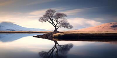 ai gegenereerd eenzaam boom Aan de meer kust met reflectie in de water generatief ai foto