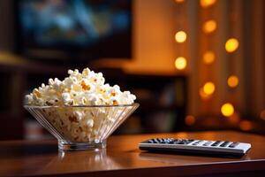 ai gegenereerd kom van popcorn en TV afgelegen controle generatief ai foto