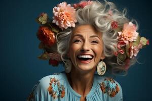 ai gegenereerd ouderen gelukkig vrouw met bloemen in haar haar- generatief ai foto