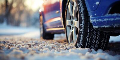 ai gegenereerd auto wielen Aan een winter weg detailopname generatief ai foto