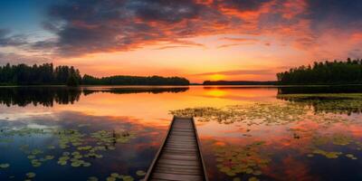 ai gegenereerd houten pier Aan de meer Bij zonsondergang generatief ai foto