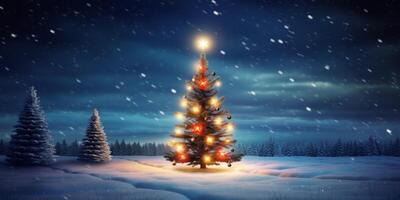 ai gegenereerd versierd Kerstmis boom in de winter Woud Bij nacht generatief ai foto
