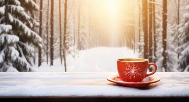 ai gegenereerd een kop van heet drinken Aan de tafel tegen winter Woud generatief ai foto