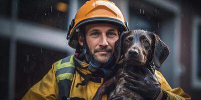 ai gegenereerd brandweerman draagt hond uit van brand generatief ai foto