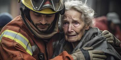 ai gegenereerd brandweerman redden een Mens van een brandend gebouw generatief ai foto