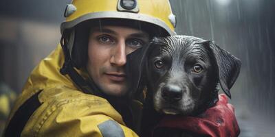 ai gegenereerd brandweerman draagt hond uit van brand generatief ai foto