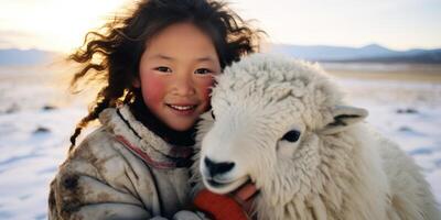 ai gegenereerd Mongools meisje met een dier tief generatief ai foto