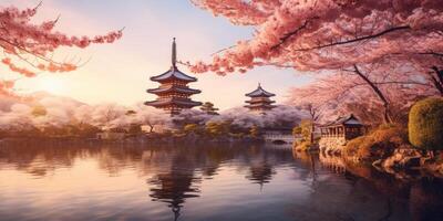 ai gegenereerd Japans paleis gedurende kers bloesem landschap generatief ai foto